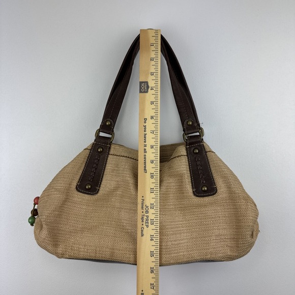Fossil Beige Canvas Shoulder Bag with Brown Leather Handles - Picture 11 of 15